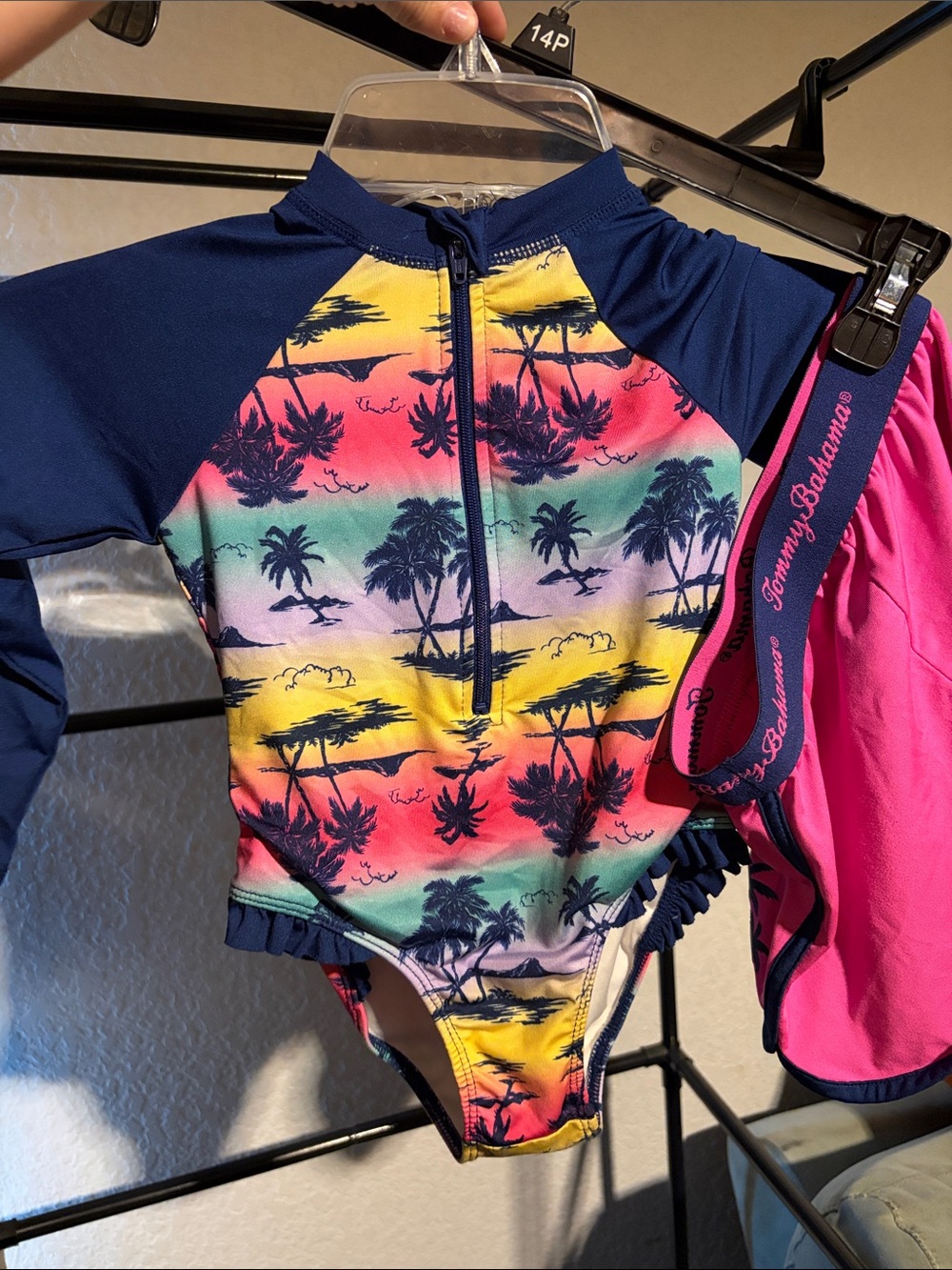 Tommy Bahama Navy One-Piece with Pink, Yellow, Teal & Coral Sunset Palm Print